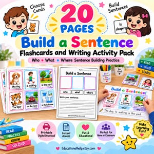 Peut inclure: Un pack d'activités éducatives de 20 pages intitulé Build a Sentence, comprenant des cartes illustrées avec des animaux, des personnes et des lieux, ainsi que des feuilles d'exercices pour pratiquer la construction de phrases simples.