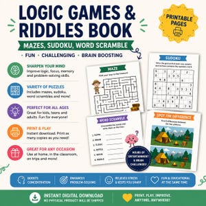 Könnte beinhalten: Ein digitales Logik- und Rätselbuch mit Labyrinthen, Sudokus und Worträtseln. Das Layout enthält druckbare Seiten mit Puzzle-Beispielen, Gehirn-Symbolen und Texten zu Funktionen wie Sofort-Download und der Vielfalt der enthaltenen Rätsel.