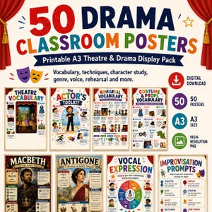 Op de afbeelding: Een digitale downloadset van 50 A3-theaterposters voor in de klas, voorzien van kleurrijke tekst en illustraties. De collectie bevat educatieve overzichten over theatervocabulaire, acteertechnieken, kostuums, rekwisieten en improvisatie.
