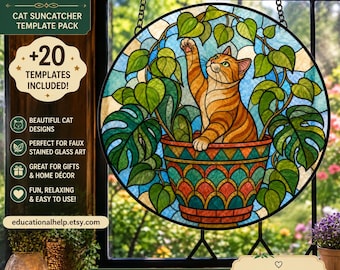 May include: A circular faux stained glass suncatcher featuring an orange tabby cat sitting in a patterned planter surrounded by green leaves. The design includes text such as FAUX STAINED GLASS, CAT SUNCATCHER TEMPLATE PACK, and +20 TEMPLATES INCLUDED.