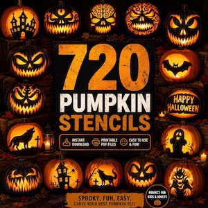 May include: A digital collection of 720 pumpkin stencils featuring a central black sign with orange text reading 720 PUMPKIN STENCILS, surrounded by various illuminated jack-o'-lanterns displaying carved designs of ghosts, bats, wolves, and haunted houses.