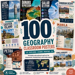 Op de afbeelding: Een verzameling van 100 aardrijkskundeposters voor in de klas met educatieve wandkunst, voorzien van afbeeldingen en feiten over wereldwijde bezienswaardigheden zoals het Reschenmeer, de Danakildepressie, Salar de Uyuni, de Sonorawoestijn en Petra.