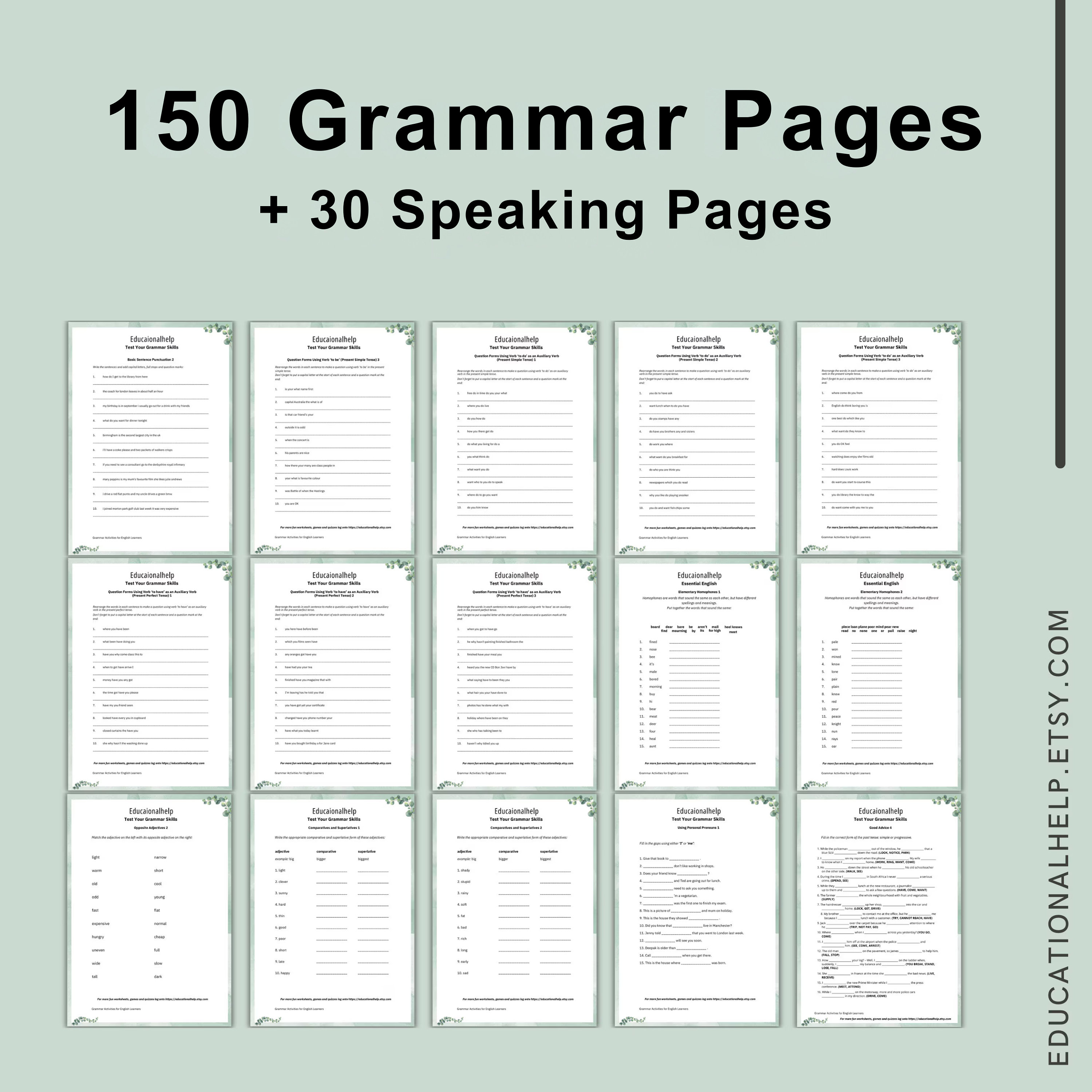 150 Grammar and 30 vocabulary Worksheets for ESL Class - Homeschooling English Worksheet PDFs English Teaching Printables Instant Download