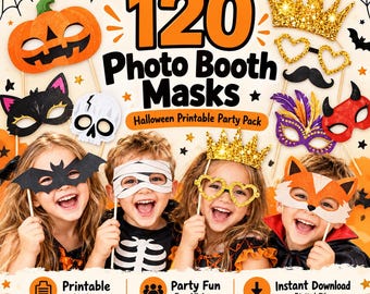 120 Halloween Photo Booth Props Printable | Halloween Masks for Kids | Party Photo Props and Costume Masks | Instant Digital Download