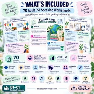 May include: A digital download set of 70 adult ESL speaking worksheets featuring B1-C1 level practice. The pages include discussion prompts, warm-up questions, useful expressions, role-plays, and pair speaking tasks covering topics like culture, environment, and time management.