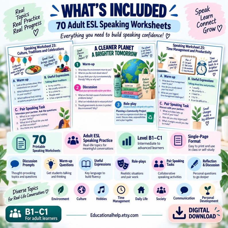 May include: A digital download set of 70 adult ESL speaking worksheets featuring B1-C1 level practice. The pages include discussion prompts, warm-up questions, useful expressions, role-plays, and pair speaking tasks covering topics like culture, environment, and time management.