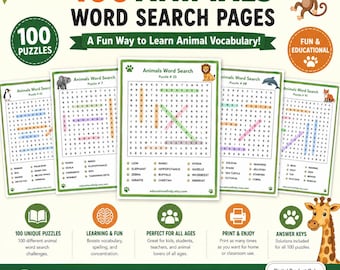 Jungle Animals Word Search Printable Bundle | 100 Puzzles for Kids Ages 4-7 | Coloring pages  | Answer Keys Included | Instant Download PDF