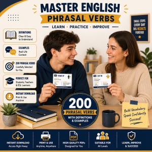 Op de afbeelding: Een set van 200 educatieve kaarten voor Engelse phrasal verbs met definities en voorbeelden. De kaarten bevatten tekst zoals Master English Phrasal Verbs, Learn, Practice, Improve en 200 Phrasal Verbs with Definitions and Examples in een blauw en geel kleurenschema.