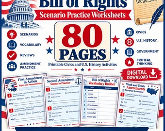 May include: A digital download of 80 pages of Bill of Rights scenario practice worksheets for civics and U.S. history. The educational materials feature red, white, and blue patriotic graphics, including the U.S. Capitol, a scroll, and a quill pen.