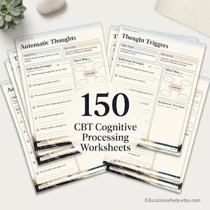 Op de afbeelding: Een verzameling van 150 cognitieve CBT-werkbladen met secties voor automatische gedachten en gedachten-triggers. Elke pagina bevat een onderwerpsfocus, een gebruiksaanwijzing, reflectievragen en een mindmap-gedeelte met schrijflijnen.