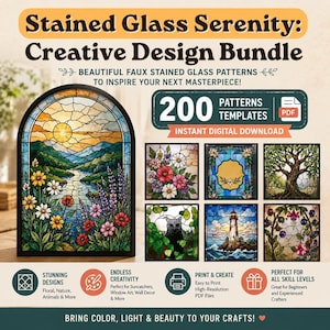 May include: A digital design bundle titled Stained Glass Serenity featuring 200 PDF patterns. The image displays a large arched stained glass window graphic of a landscape with flowers, alongside smaller squares showing flowers, a tree, a cat, and a lighthouse.