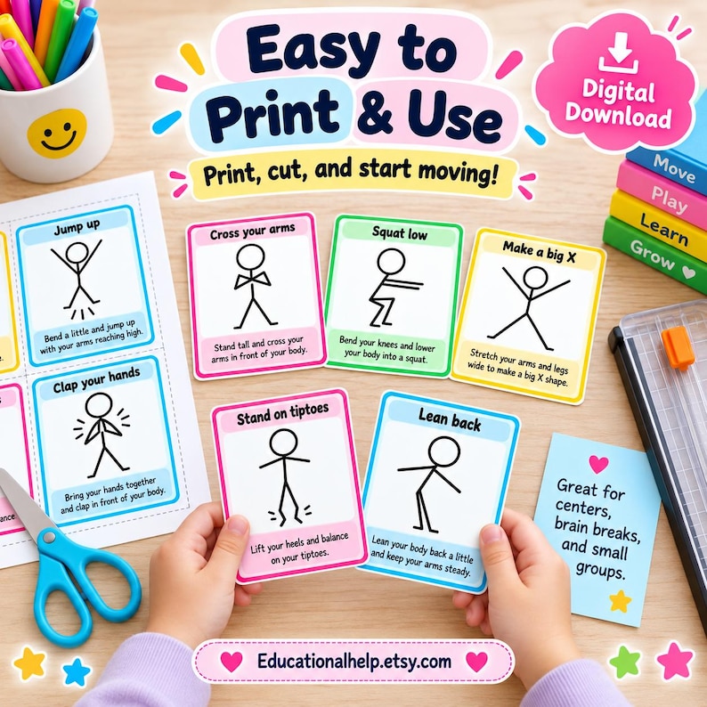 50 Movement and Action Flashcards for Kids | Body Parts, Actions ...