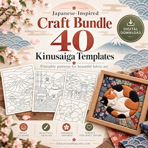 May include: A digital download craft bundle featuring 40 Kinusaiga templates with printable patterns. The image displays line art of Mount Fuji, a teapot, and a cat, alongside a finished framed fabric art piece of a sleeping calico cat.