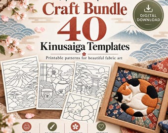 Puede incluir: Un paquete de manualidades de descarga digital con 40 plantillas Kinusaiga y patrones imprimibles. La imagen muestra dibujos lineales del monte Fuji, una tetera y un gato, junto a una pieza de arte en tela enmarcada de un gato.