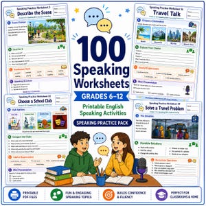 Pode incluir: Uma coleção de 100 fichas de exercícios de expressão oral em inglês para os anos 6-12, com quatro páginas de exemplo intituladas Describe the Scene, Travel Talk, Choose a School Club e Solve a Travel Problem, com dois estudantes.