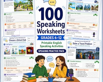 100 Speaking Worksheets for Grades 6–12 | English Conversation Activities | ESL EFL Speaking Practice | Printable A4 Worksheets | Digital