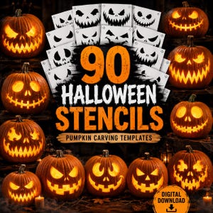 Pode incluir: Uma coleção de 90 estênceis de Halloween para esculpir abóboras, com vários designs de rostos de jack-o'-lantern em cartões de papel branco. A imagem exibe várias abóboras laranja esculpidas e brilhantes com expressões variadas.