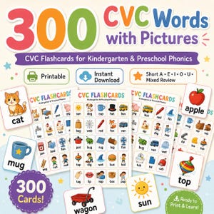 Puede incluir: Un conjunto de 300 tarjetas didácticas CVC para fonética de preescolar y jardín de infancia, con ilustraciones coloridas y texto para palabras como cat, mug, apple, sun y wagon. El material educativo imprimible incluye cuadrículas de palabras.
