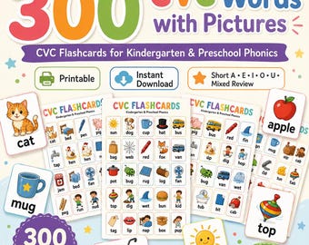 300 CVC Word Flashcards with Pictures Printable | Kindergarten Preschool Phonics Cards | Short Vowel Reading Practice | Digital Download