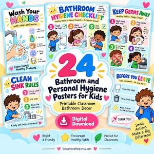 Op de afbeelding: Een verzameling van 24 badkamer- en persoonlijke hygiëneposters voor kinderen met kleurrijke illustraties en instructieve tekst. De posters bevatten titels zoals Wash Your Hands, Bathroom Hygiene Checklist, Keep Germs Away en Clean Sink Rules.