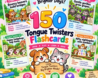 May include: A set of 150 tongue twister flashcards featuring colorful illustrations of animals like beavers, gorillas, hedgehogs, and nightingales. The cards include text, mini dictionaries, and educational themes with a puppy and kitten graphic.