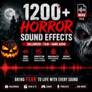 Pode incluir: Um gráfico de produto digital para 1200+ Horror Sound Effects com uma abóbora iluminada, um castelo assombrado e um rosto de monstro. O texto diz 1200+ HORROR SOUND EFFECTS, HALLOWEEN FILM GAME AUDIO e BRING FEAR TO LIFE WITH EVERY SOUND.