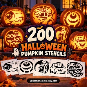 Peut inclure: Une collection de 200 pochoirs de citrouilles d'Halloween présentant divers motifs de personnages. L'image montre plusieurs citrouilles sculptées et illuminées ainsi que cinq pochoirs en papier blanc avec des contours noirs.