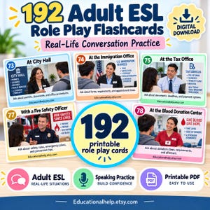 Può includere: Un set di 192 flashcard di gioco di ruolo ESL per adulti per la pratica di conversazione nella vita reale. Il download digitale include carte stampabili con scenari come il municipio, l'ufficio immigrazione e l'ufficio delle imposte.