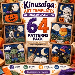 May include: A collection of 64 Kinusaiga art templates for Halloween, featuring printable patterns for fabric art. The set includes framed designs of a pumpkin, mummy, ghost, candy corn balloon, Frankenstein, broom, and black cat with a witch hat.