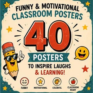 Peut inclure: Un ensemble de 40 affiches de classe avec le texte FUNNY & MOTIVATIONAL CLASSROOM POSTERS 40 POSTERS TO INSPIRE LAUGHS & LEARNING! Le design inclut un crayon animé avec des lunettes de soleil, un visage souriant jaune, des étoiles et quatre icônes.
