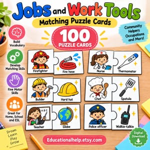 Op de afbeelding: Jobs and Work Tools bijpassende puzzelkaarten set met 100 stuks. De kaarten tonen kleurrijke illustraties van beroepen zoals brandweerman, verpleegkundige, bouwvakker, kok en leraar, gecombineerd met hun bijbehorende gereedschappen.