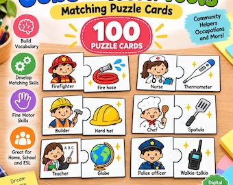 May include: Jobs and Work Tools matching puzzle cards set featuring 100 pieces. The cards display colorful illustrations of community helpers like a firefighter, nurse, builder, chef, and teacher paired with their respective tools like a hose and thermometer.