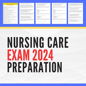 Può includere: Immagine di materiali di studio per l'Esame di Assistenza Infermieristica 2024. L'immagine include un sommario e diverse pagine di appunti. Il titolo "Nursing Care Exam 2024 Preparation" è ben visibile in nero e rosso.