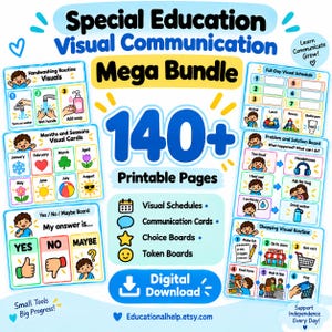 May include: A digital download bundle titled Special Education Visual Communication Mega Bundle with 140+ printable pages. It features colourful charts for handwashing, months, seasons, yes/no/maybe boards, schedules, and shopping routines with icons.