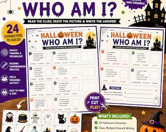 Halloween Who Am I Worksheet Game | Halloween Character Riddles | Cut and Paste Activity | Printable Classroom Game for Kids