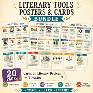 Può includere: Un pacchetto di strumenti letterari educativi che include poster e schede. Il testo recita LITERARY TOOLS POSTERS & CARDS BUNDLE, LITERARY TOOLS - SET 6, SET 7, SET 3 e 20 PAGES Cards on Literary Devices + 1 Poster. Le schede presentano definizioni e illustrazioni per termini come Subplot, Archetype, Climax, Anaphora e Pun.