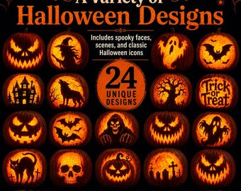 May include: A collection of 24 orange-lit pumpkin carving designs on a black background. The text reads A Variety of Halloween Designs, Includes spooky faces, scenes, and classic Halloween icons, 24 UNIQUE DESIGNS, and SPOOKY FACES • SCENES • ICONS & MORE.