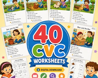 40 CVC Worksheets for Kindergarten | Printable Phonics Activities | Learn to Read & Write | CVC Word Practice | Digital Download