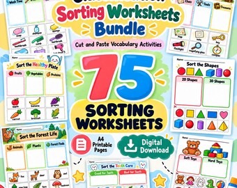 May include: A digital bundle of 75 educational sorting worksheets featuring colorful illustrations for activities like sorting bathroom routines, treasure hunts, healthy plates, shapes, forest life, teeth care, and toys, with cut and paste vocabulary tasks.