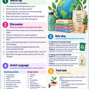 May include: An educational worksheet titled A Cleaner Planet A Brighter Tomorrow featuring sections for warm-up, discussion, role-play, and useful language. The page includes illustrations of a globe, books, a water bottle, and a tote bag.
