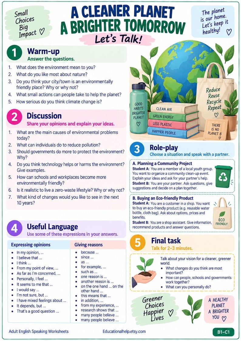May include: An educational worksheet titled A Cleaner Planet A Brighter Tomorrow featuring sections for warm-up, discussion, role-play, and useful language. The page includes illustrations of a globe, books, a water bottle, and a tote bag.