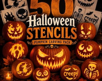 May include: A collection of 50 Halloween stencils for pumpkin carving, featuring various designs like witches, skulls, skeletons, and bats. The image displays several carved pumpkins illuminated from within, showcasing patterns like a cat, ghost, and the word creepy.