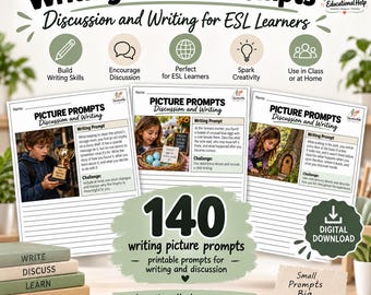 May include: A digital download set of 140 writing picture prompts for ESL learners, featuring three printable worksheets with images and writing challenges, displayed alongside a stack of four books labeled Write, Discuss, Learn, and Grow.