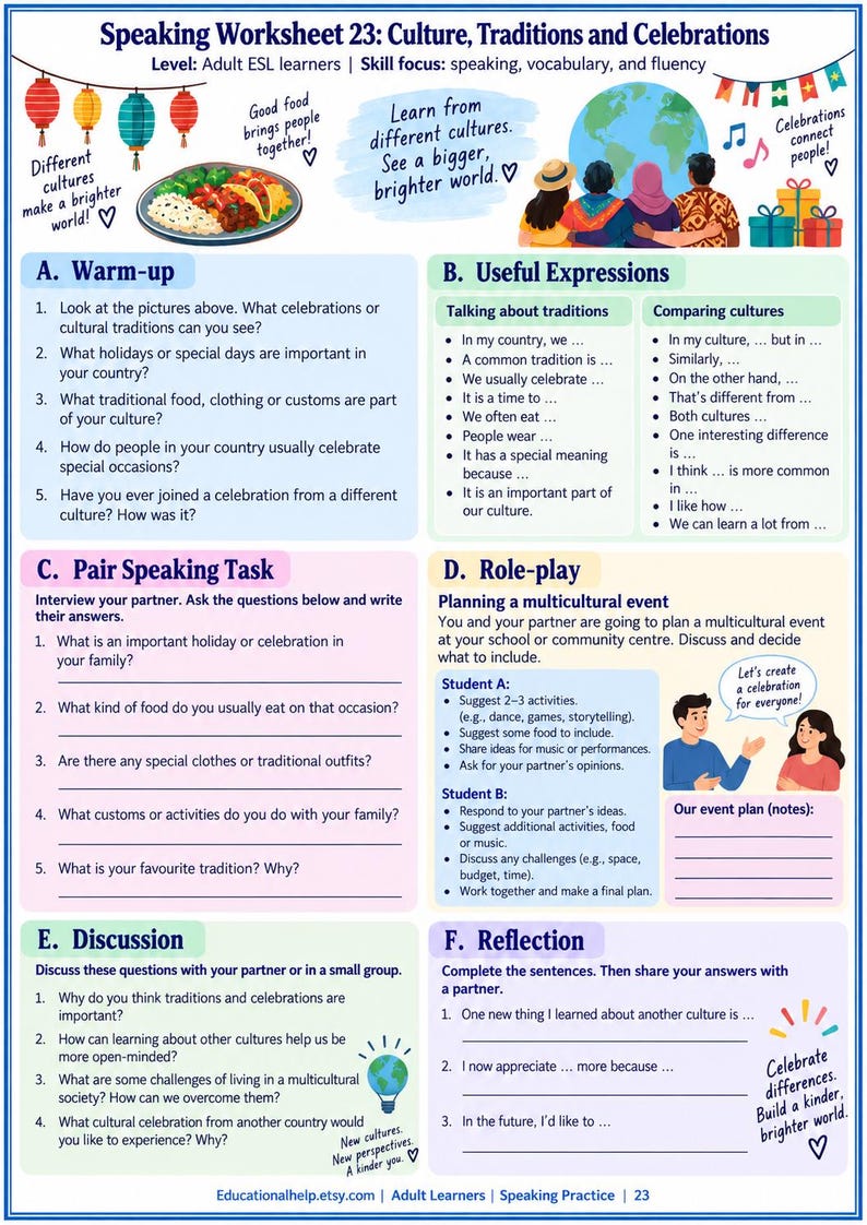 May include: An educational speaking worksheet titled Speaking Worksheet 23: Culture, Traditions and Celebrations. It features sections for warm-up, useful expressions, pair speaking tasks, role-play, discussion, and reflection with colorful illustrations.