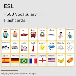 May include: A set of colorful flashcards with images and words for learning English as a Second Language (ESL). The flashcards include words like cough, toothache, car, bus, train, ship, rash, sore throat, motorbike, van, cold, hot, sunny, rainy, cloudy, snowy, Spain, Germany, Brazil, France, England, America, banana, and hotdog.
