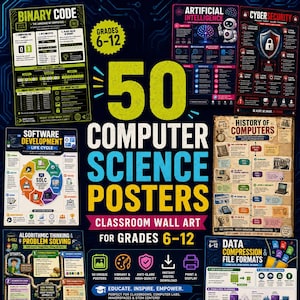 50 posters för datavetenskapsklassrum | Väggkonst för årskurs 6–12 inom STEM | Posters om kodning, AI, cybersäkerhet, teknologi och digital kunskap