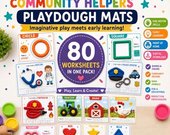 May include: A set of 80 printable playdough mats featuring shapes, colours, and community helpers. The mats include illustrations and text for activities like making a circle, square, doctor, police officer, firefighter, tractor, barn, and chicken.