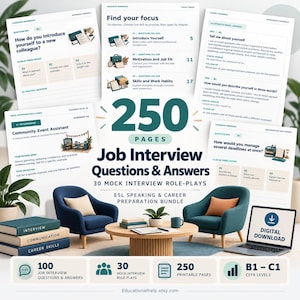 May include: A digital download bundle featuring 250 pages of job interview questions and answers, 30 mock interview role-plays, and career preparation materials. The layout includes text, icons, and illustrations of office furniture.
