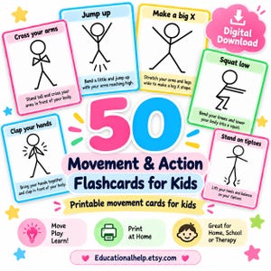 May include: A set of 50 movement and action flashcards for kids featuring stick figure illustrations and instructions for physical activities like jumping, squatting, and clapping. The cards have colourful borders and include text labels for each action.