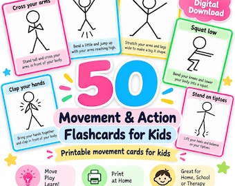 May include: A set of 50 movement and action flashcards for kids featuring stick figure illustrations and instructions for physical activities like jumping, squatting, and clapping. The cards have colorful borders and include text labels for each action.
